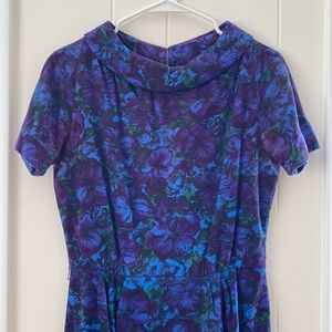 Vintage 50s 60s Floral Print Rolled Collar Dress S